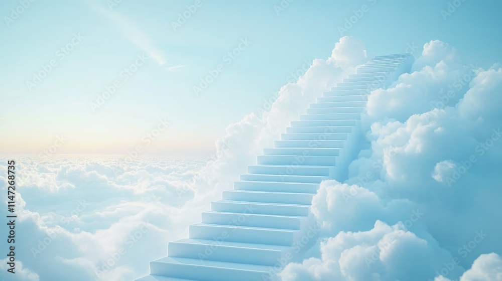Poster a tranquil and surreal scene of white steps rising into the sky, enveloped by soft clouds and bathed