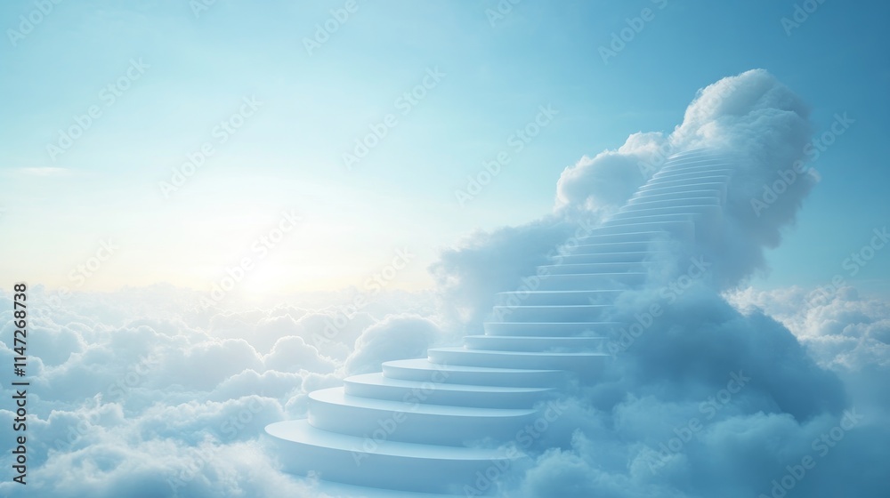 Poster a tranquil and surreal scene of white steps rising into the sky, enveloped by soft clouds and bathed