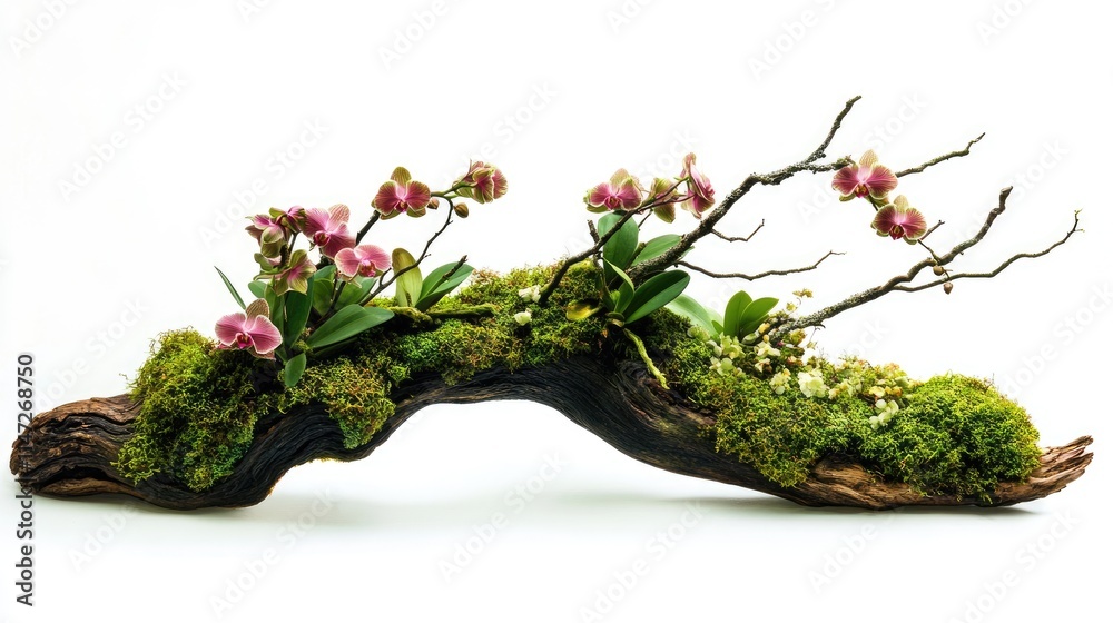 Poster A unique, old tree branch adorned with green moss and delicate orchids, isolated on white to create a natural yet elegant composition