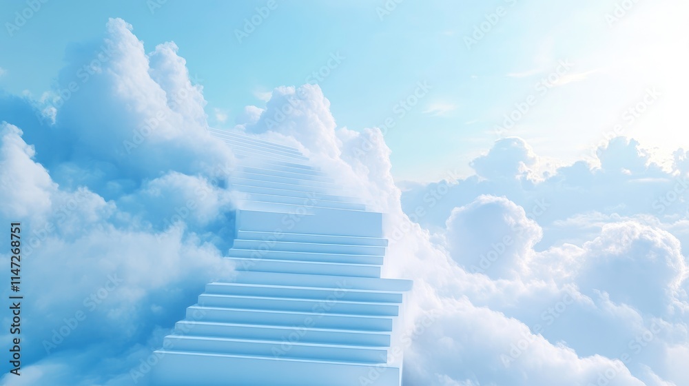 Poster a tranquil and surreal scene of white steps rising into the sky, enveloped by soft clouds and bathed