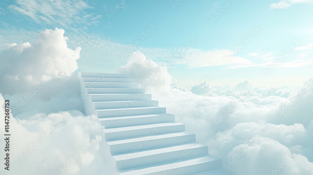 Poster a tranquil and surreal scene of white steps rising into the sky, enveloped by soft clouds and bathed