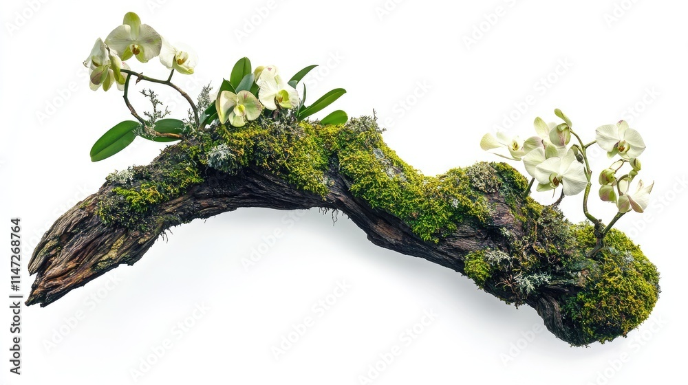 Poster A unique, old tree branch adorned with green moss and delicate orchids, isolated on white to create a natural yet elegant composition