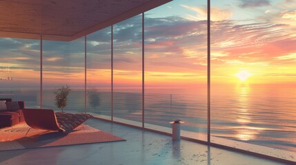 Contemporary modern house interior facing the sea at sunset, AI generated image