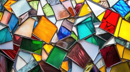 Fototapeta premium A variety of colorful stained glass pieces scattered in a heap, their vibrant hues highlighted against a clean, white surface, creating a dynamic and artistic composition