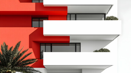 Modern architectural design featuring bold red and white colors with balconies and greenery.