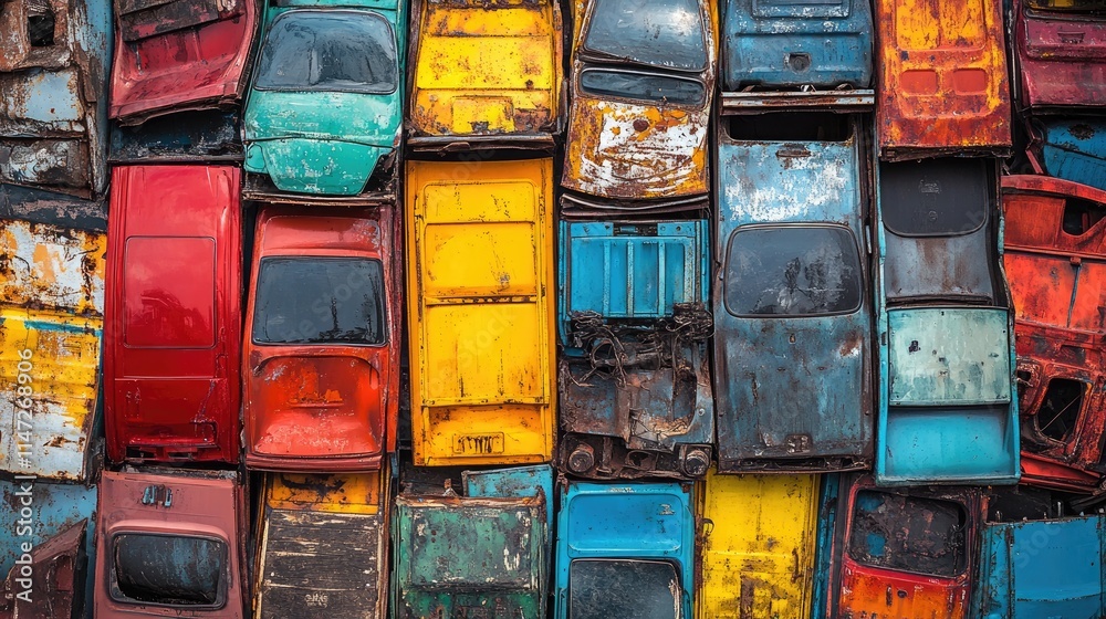 Poster a vibrant and textured scene of car doors in a recycling yard, stacked together in an eclectic and c