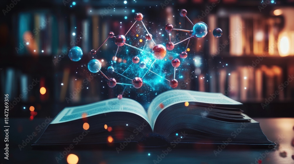 Poster a vivid holographic projection of atoms and molecules rising from an open book on a dark table, with
