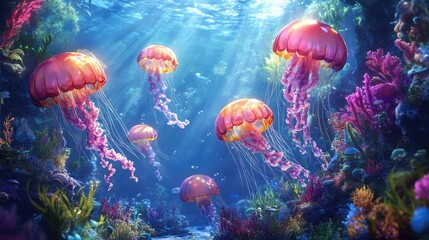 A whimsical underwater world where smiling jellyfish glide among colorful, fantastical plants, creating a playful, dreamlike atmosphere
