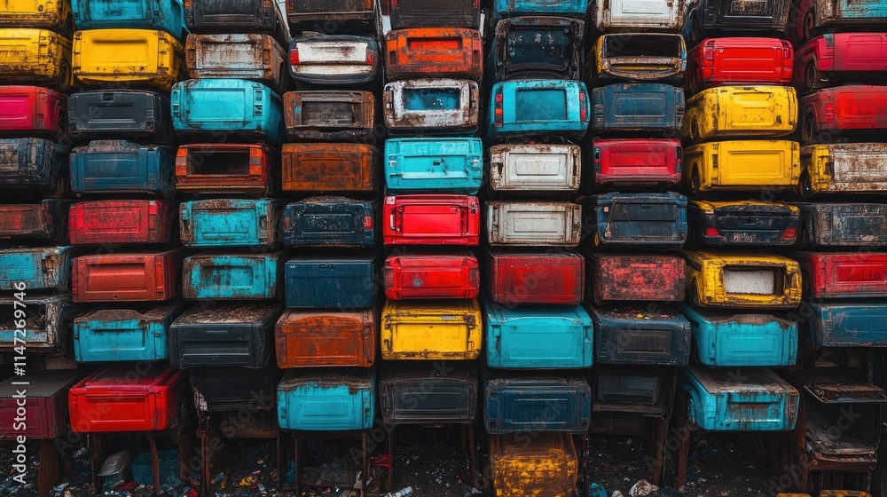 Poster a wide-angle shot of a recycling yard with colorful car doors stacked in layers, creating a striking