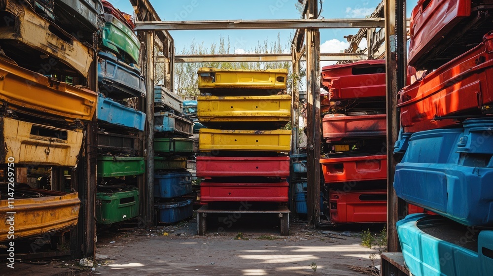 Poster a wide-angle shot of a recycling yard with colorful car doors stacked in layers, creating a striking