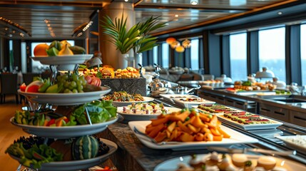 Fototapeta premium Luxurious Buffet Display Featuring Fresh Fruits, Vegetables, and Gourmet Dishes