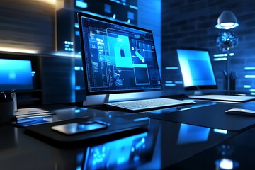 Naklejka premium Modern Tech Workspace with Digital Interface. Concept of Cybersecurity, Programming, and Innovation.