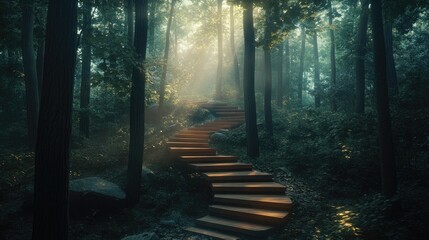 Fototapeta premium A winding wooden staircase amidst a serene forest, with soft sunlight creating an ethereal glow, symbolizing peace and connection with nature