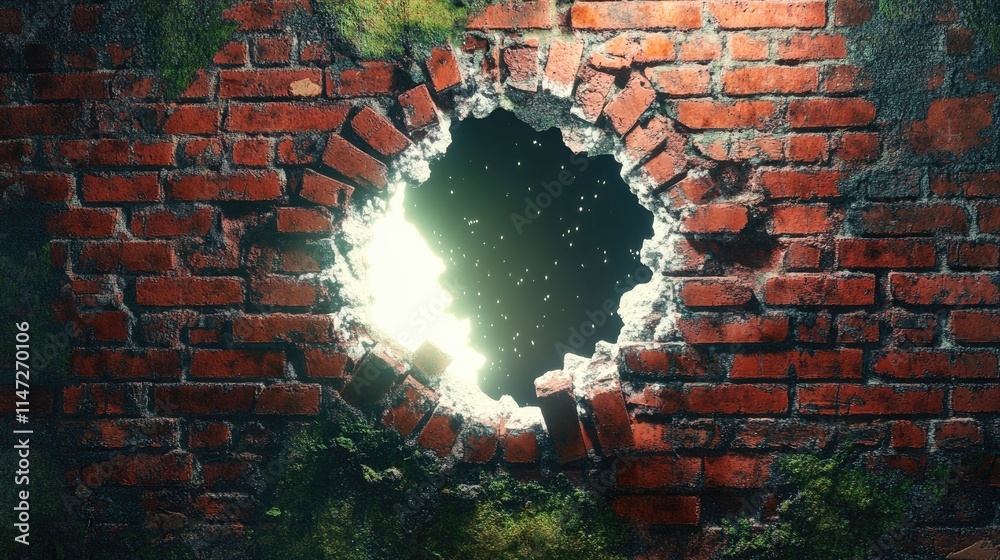 Poster an ethereal white hole cracks open an aged red brick wall, with patches of moss glowing as light bur