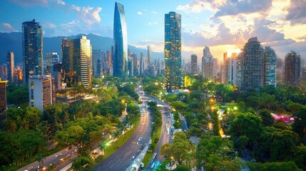 Obraz premium Sunset cityscape with highway and lush greenery.