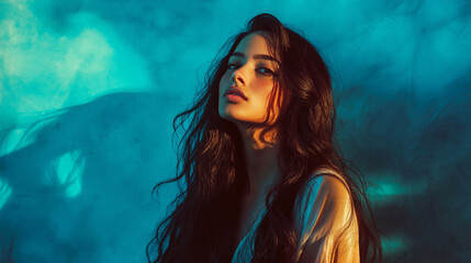 Fototapeta premium Portrait of a beautiful young woman with a dark long hair on a blue background , model girl with long hairstyle