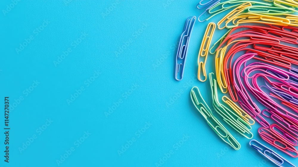 Poster bright paper clips forming a rainbow arc across a turquoise backdrop, creating an organized and chee