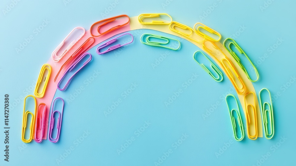 Poster bright paper clips forming a rainbow arc across a turquoise backdrop, creating an organized and chee