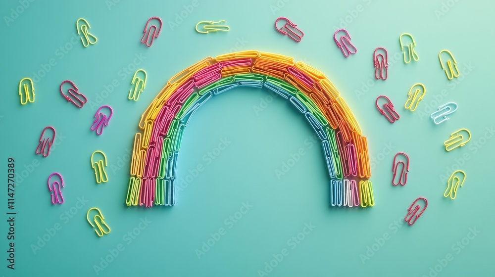 Poster bright paper clips forming a rainbow arc across a turquoise backdrop, creating an organized and chee