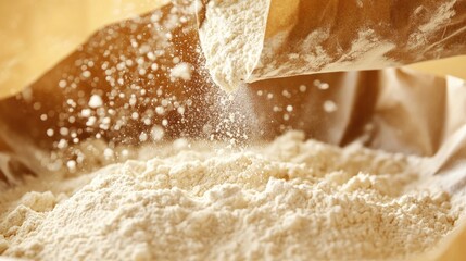 Obraz premium Close-up of a bakery chef hands pouring flour from a brown paper bag into a large mixing bowl, highlighting the preparation of fresh dough