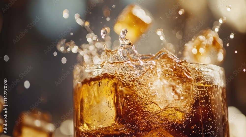Poster Close-up of ice cubes splashing into a cold beverage, with droplets of water flying, creating an action-filled scene that leaves room for copy or text