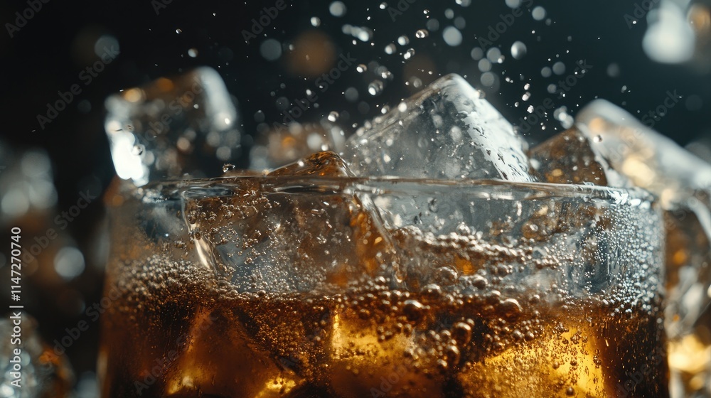 Aufkleber close-up of ice cubes splashing into a cold beverage, with droplets of water flying, creating an act