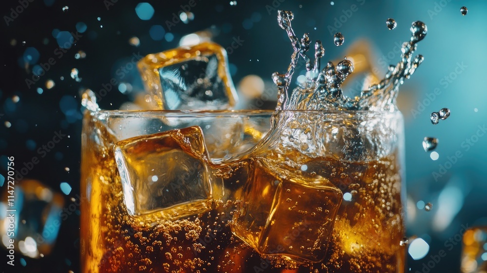 Poster Close-up of ice cubes splashing into a cold beverage, with droplets of water flying, creating an action-filled scene that leaves room for copy or text