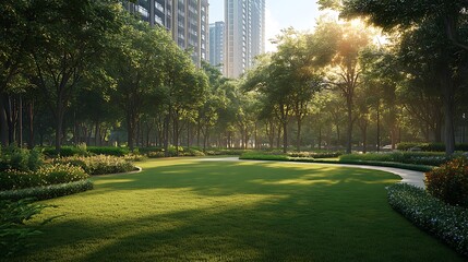 A well-maintained green park with rows of trees, offering a green space for urban dwellers to relax and enjoy nature in the heart of the city 