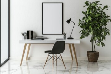 Clean home office with minimalist desk and vertical poster frame on marble floor, perfect for a fresh and orderly setup.