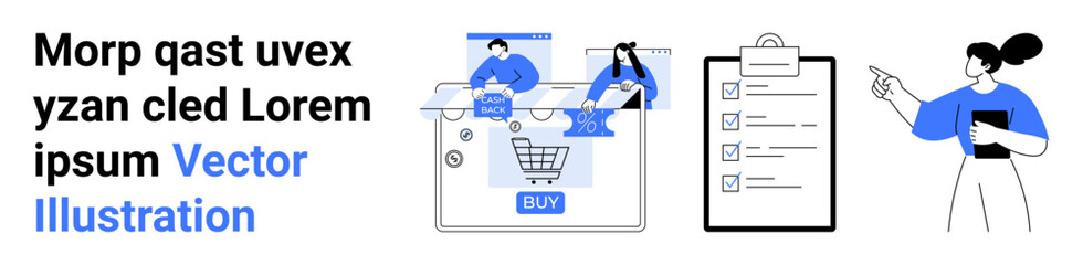 Workers interacting on a laptop screen, a shopping cart icon, and a person pointing at a checklist on a clipboard. Ideal for e-commerce, team collaboration, project management, productivity, online
