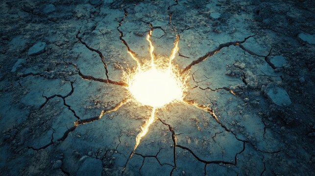 Cracked mud stretching outward with a luminous white hole forcing its way through the dry earth, symbolizing transformation