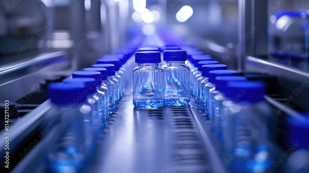 Poster crystal-clear water bottles with blue caps traveling down an automated assembly line under soft ligh