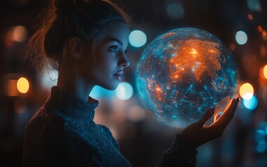 Naklejka premium A poised businesswoman interacting with a 3D hologram of a digital globe, hightech interface visuals glowing around her, blurred modern setting, vibrant and photorealistic