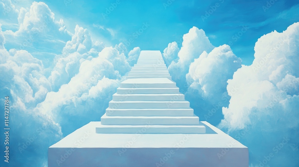 Poster endless white steps stretch into the serene blue sky, surrounded by soft clouds, evoking a peaceful 