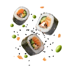 sushi pieces flying isolated on white