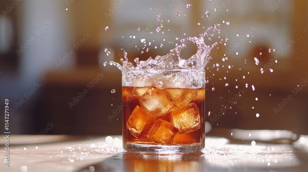 Poster Ice cubes splashing into a refreshing beverage on a table, frozen in action, creating space for creative copy or design in an exciting composition