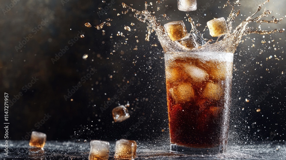Aufkleber Ice cubes splashing into a refreshing beverage on a table, frozen in action, creating space for creative copy or design in an exciting composition
