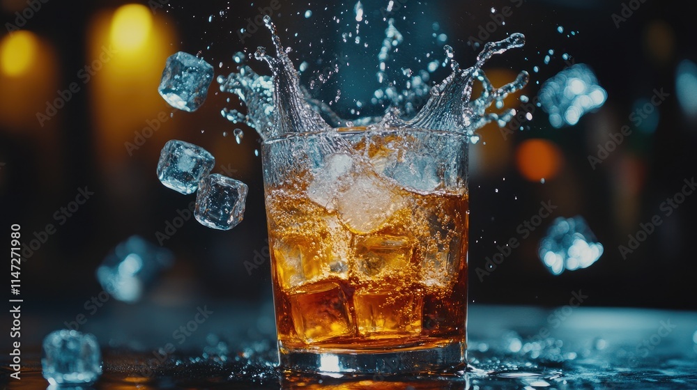 Poster Ice cubes splashing into a refreshing beverage on a table, frozen in action, creating space for creative copy or design in an exciting composition