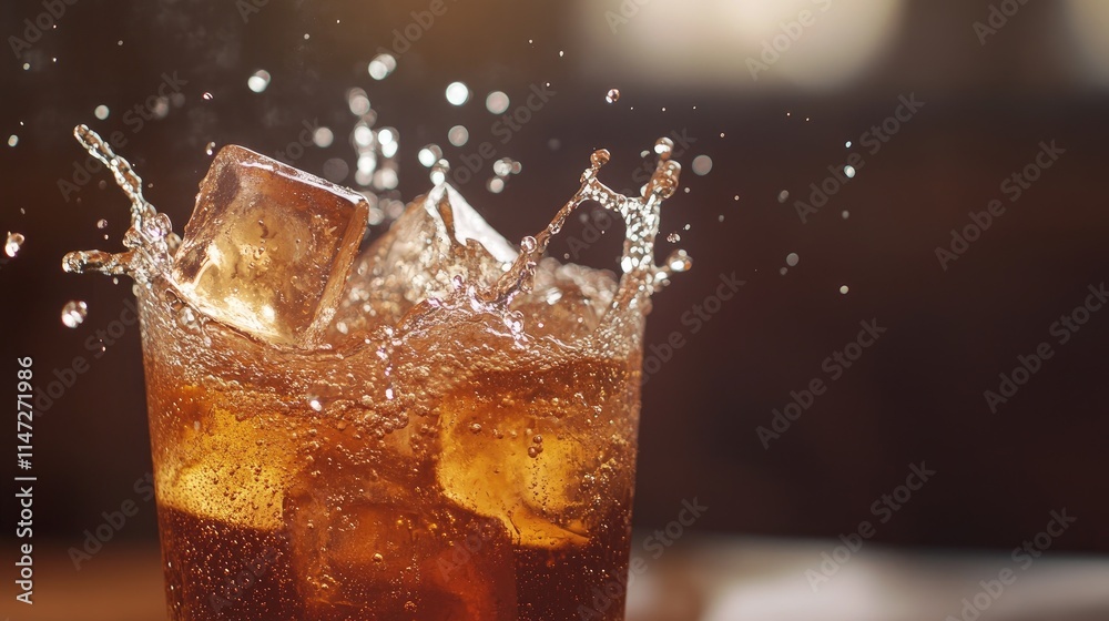 Poster Ice cubes splashing into a refreshing beverage on a table, frozen in action, creating space for creative copy or design in an exciting composition