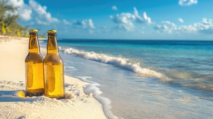 Golden beer bottles on white sand at the beach, with seawater lapping at the bottles, under a calm ocean and a wide blue sky