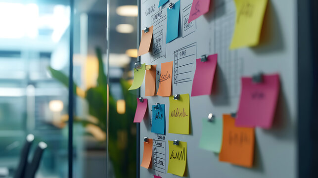 A white board with colorful sticky notes on it