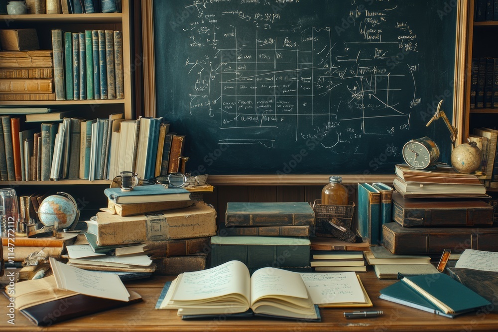 Fototapete books and stationery arranged neatly on a desk with a chalkboard filled with notes and diagrams in a
