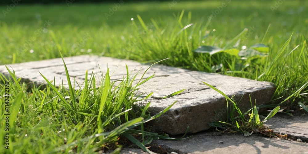 Poster a close-up of a stone path surrounded by lush green grass in a tranquil garden setting