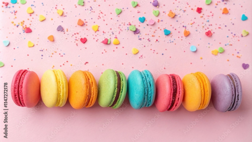 Poster A row of colorful macarons arranged in a rainbow pattern on a pink background with sprinkles