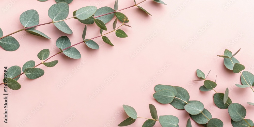 Aufkleber delicate eucalyptus sprigs arranged on a soft pink background, creating a frame for a natural and el