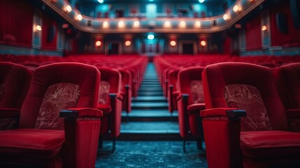 Empty crimson velvet theater seats in a dimly lit auditorium, awaiting an audience.