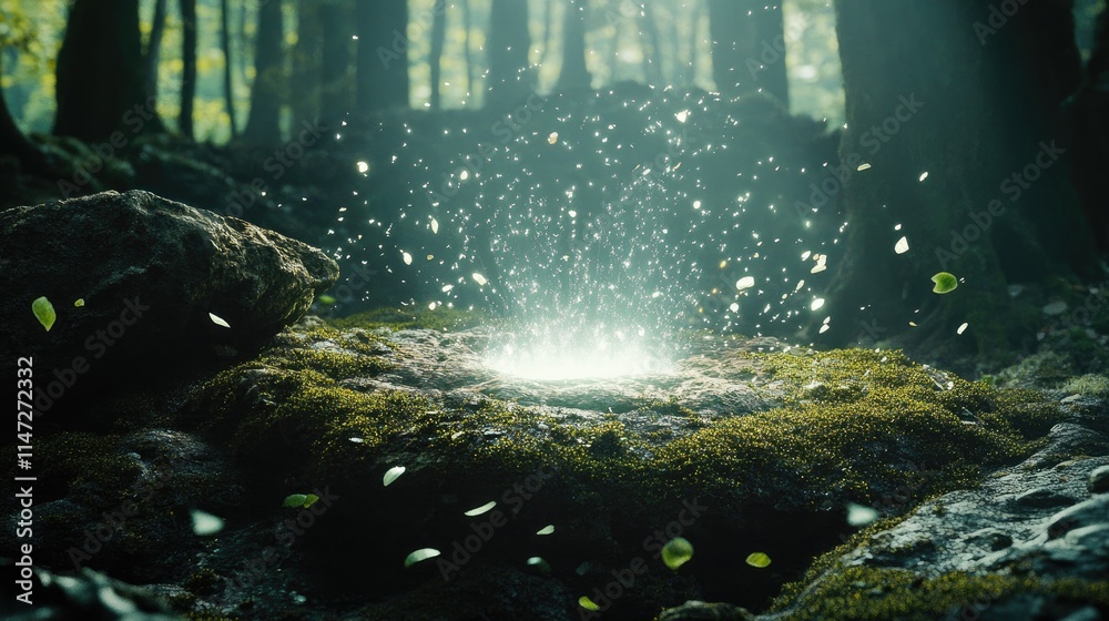 Poster Radiant white light emerges from a moss-covered rock, breaking through with glowing fragments and displaced moss around it