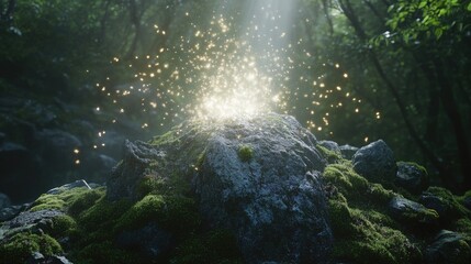 Obraz premium Radiant white light emerges from a moss-covered rock, breaking through with glowing fragments and displaced moss around it