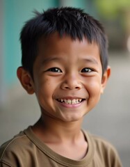 Naklejka premium A cheerful boy, around six years old, smiles brightly against a blurred background in Thailand. His carefree expression reflects happiness and youthfulness in a warm atmosphere. Generative AI