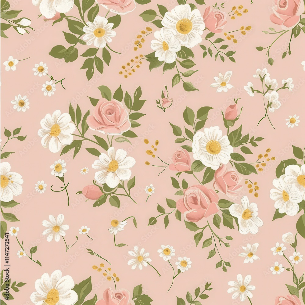 Poster floral pattern featuring colorful roses and daisies on a soft pink background for decorative purpose